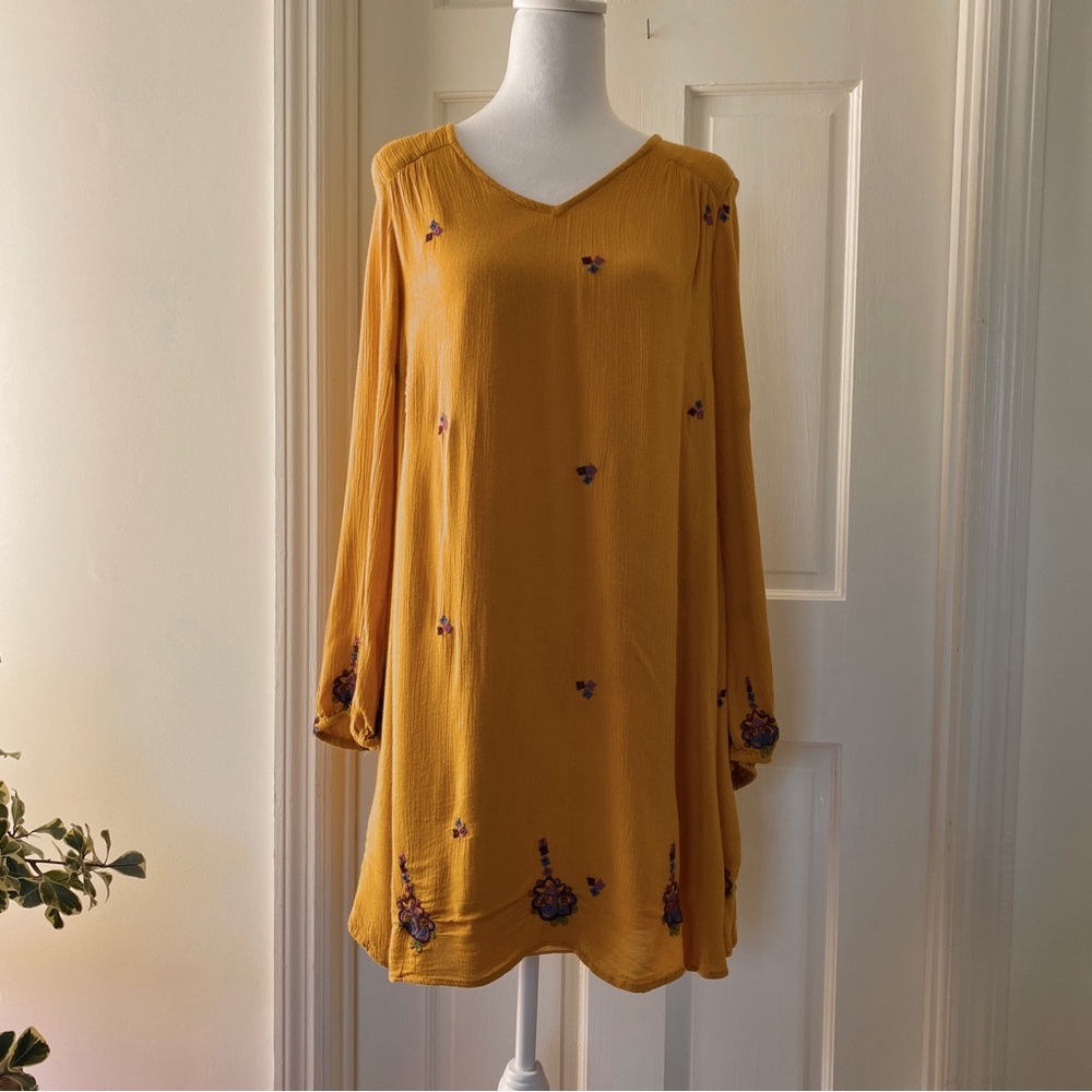 Japna Embroidered Gauzy Tunic Dress Womens S Gold Floral Boho Cottage Prairie